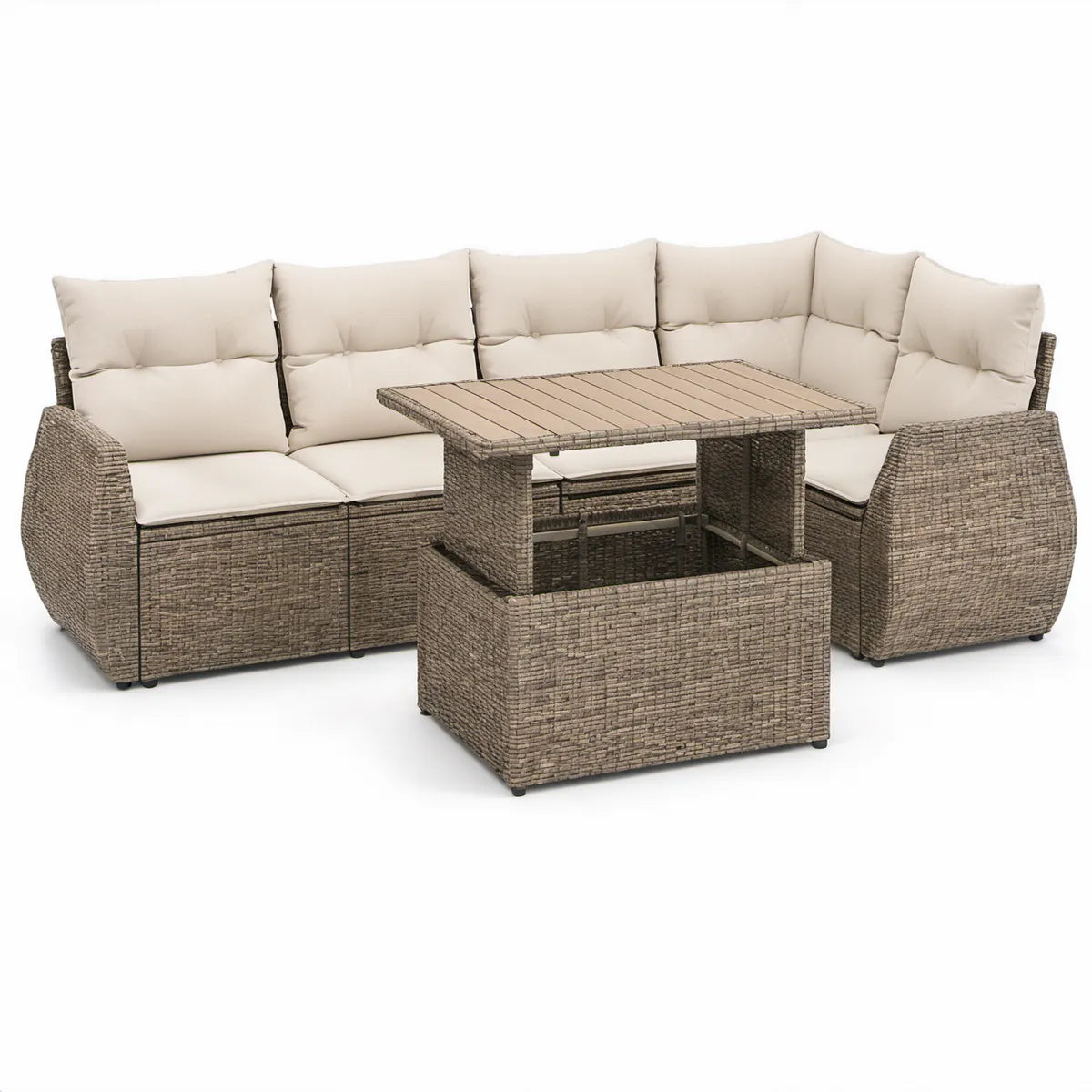 Havesæt med hjørnesofa og hævebord, 220 x 220 cm, gråbrun/beige/lysebrun