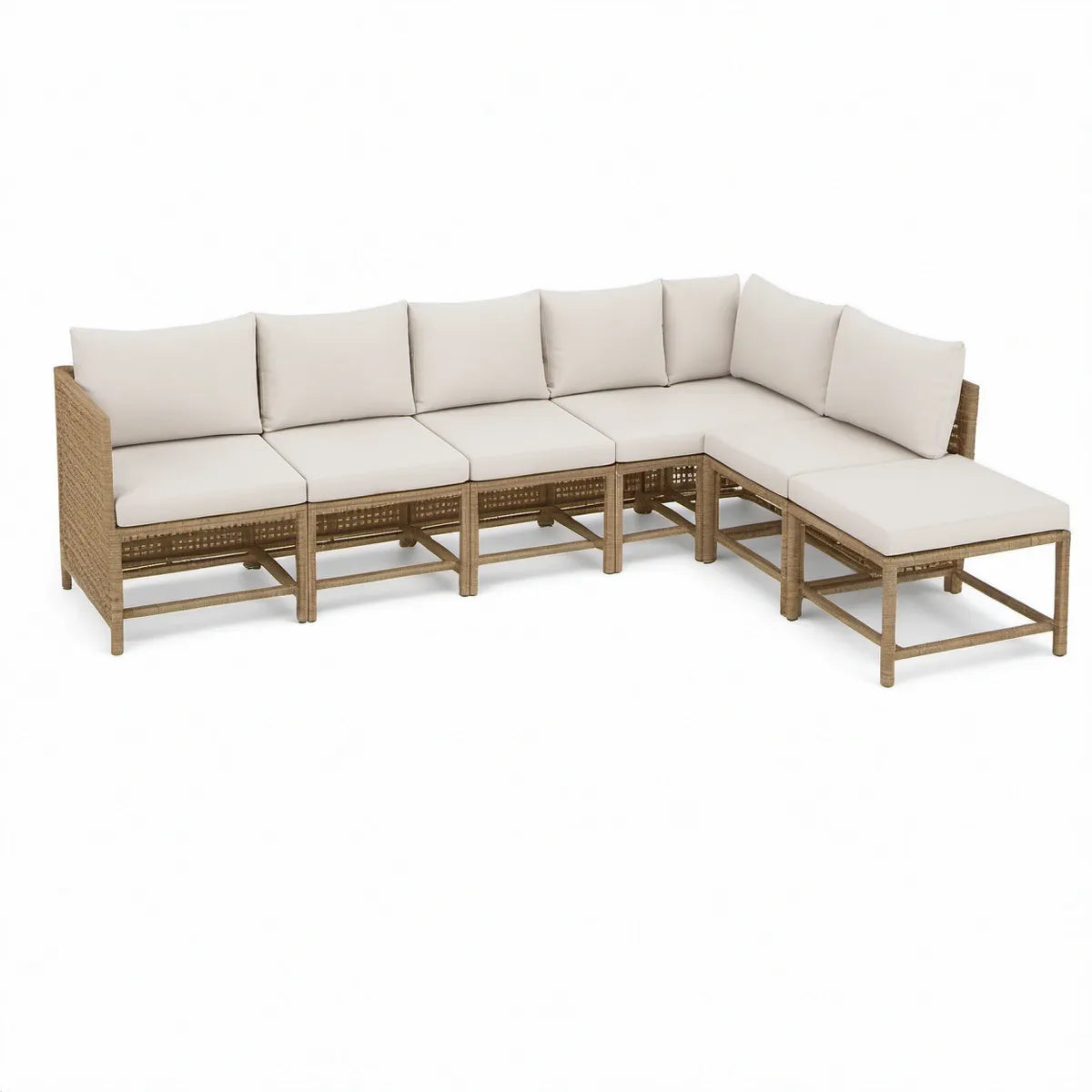 Modulær L-formet havesofa med chaiselong, naturbrun og creme, 280 x 210 x 75 cm