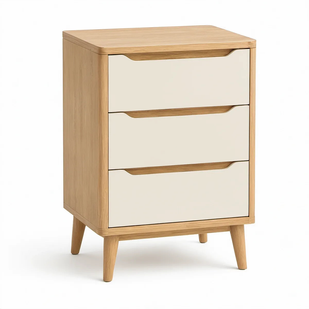 Sengebord med 3 skuffer i egefiner og hvid MDF, 40 x 35 x 65 cm