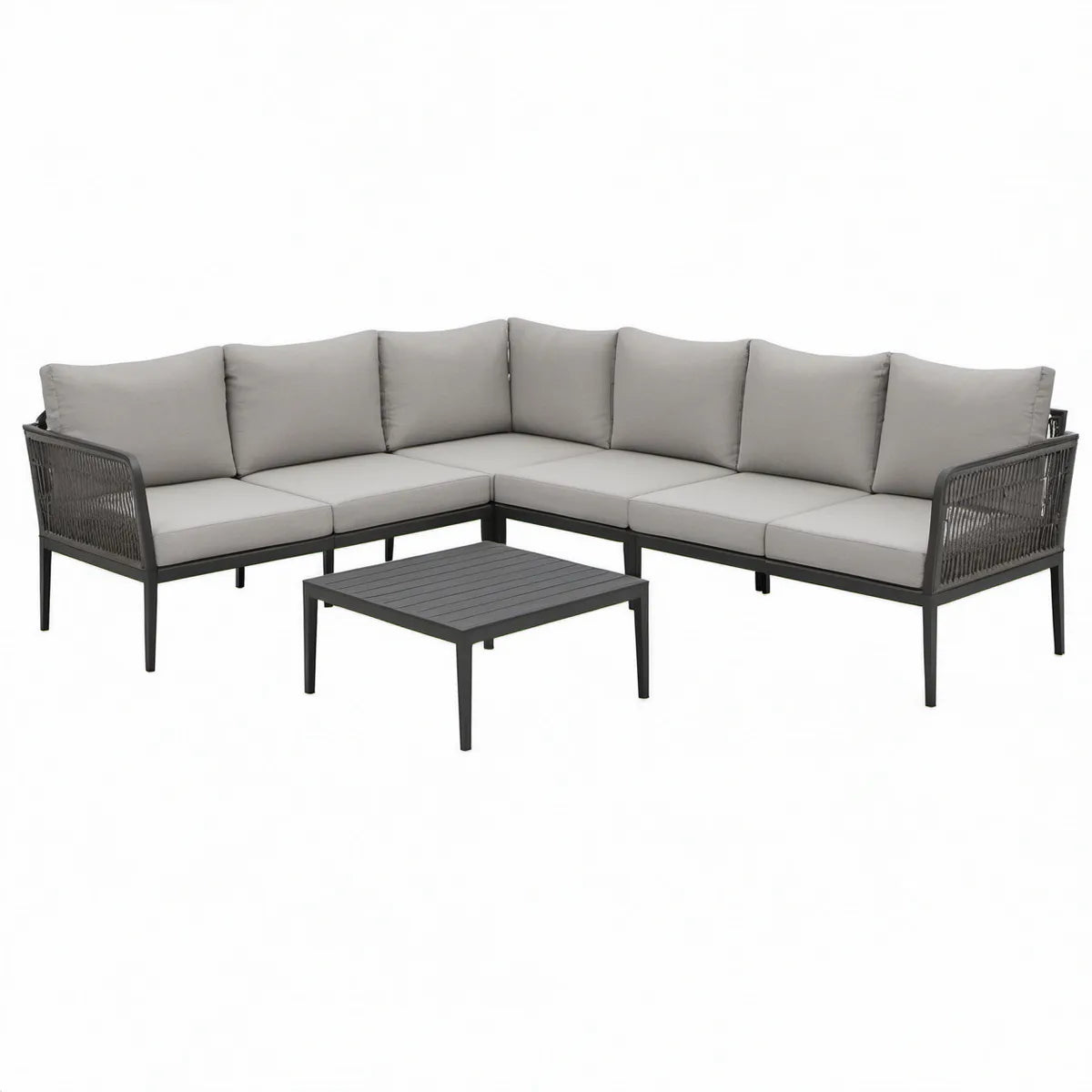Hjørnesofasæt til haven med sofabord, 250 x 250 x 78 cm, sort/grå