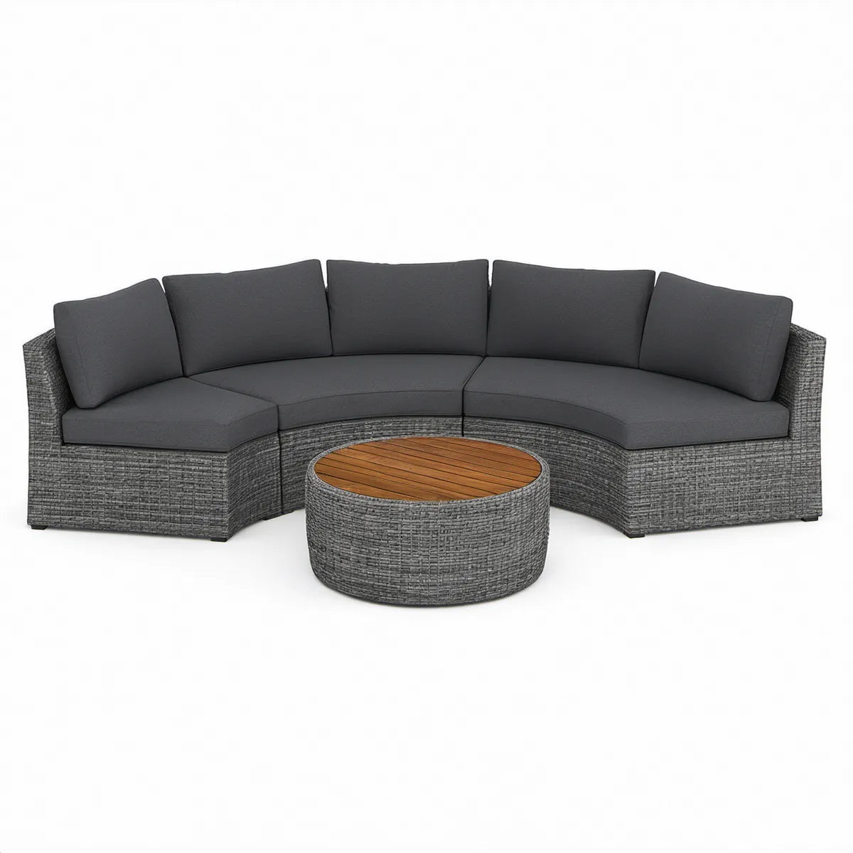 Buet havesofa med rundt sofabord, 250 x 90 x 78 cm, Ø80 x 40 cm, grå/mørkegrå/brun