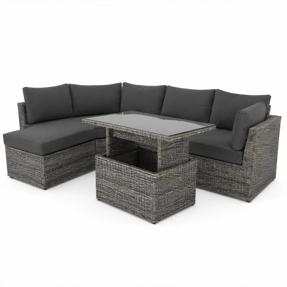 Hjørneloungesæt i grå polyrattan med mørkegrå hynder og højdejusterbart glasbord, 210 x 210 cm