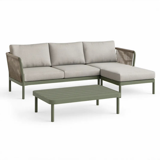 Hjørnesofa med højrevendt chaiselong og sofabord, 218 x 145 cm, olivengrøn/lysegrå/gråbrun