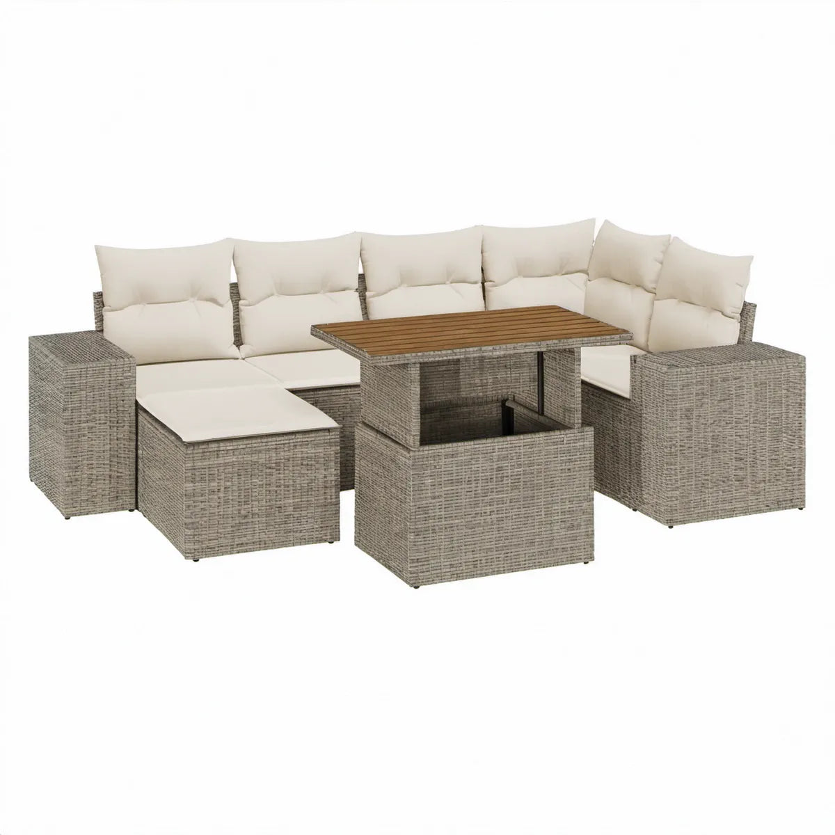 7-delt loungesæt i grå PE-rattan med cremefarvede hynder og hævebord, 210 x 140 cm