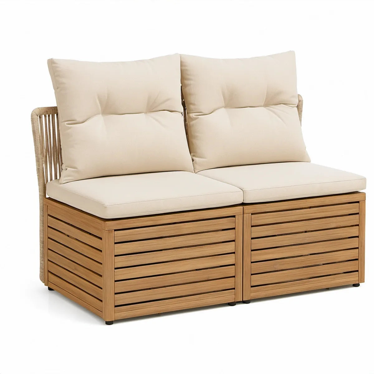Modulopbygget 2-personers havesofa i massivt teaktræ med beige hynder, 160 x 80 x 76 cm