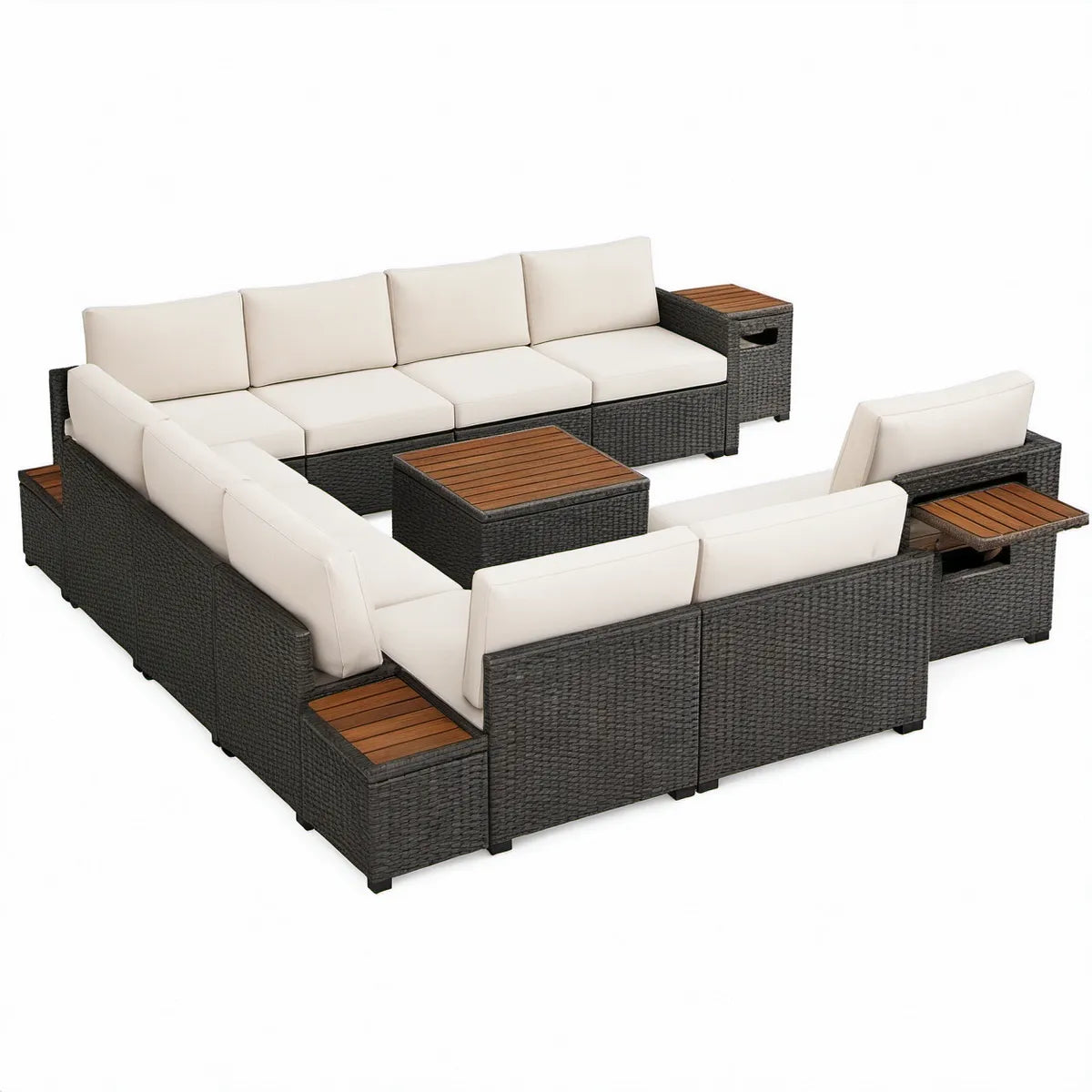 9-delt loungesæt i PE-rattan med sofabord, 280 x 280 cm, sort, creme og brun