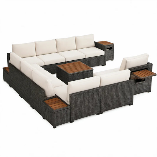 9-delt loungesæt i PE-rattan med sofabord, 280 x 280 cm, sort, creme og brun