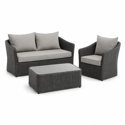 Haveloungesæt med 2-personers sofa, lænestol og sofabord i antracitgråt PE-rattan med grå hynder, 134 x 75 x 78 cm