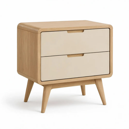 Sengebord med 2 skuffer i egefiner og cremefarvet MDF, 45 x 35 x 55 cm