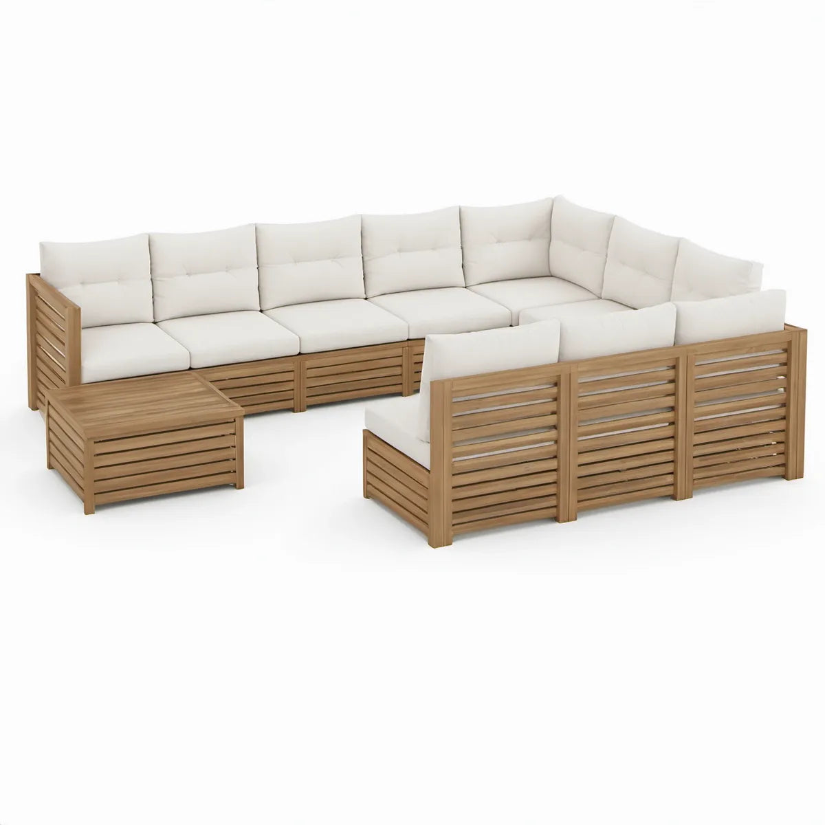 L-formet loungesæt i massivt akacietræ med beige hynder og bord, 280 x 280 cm