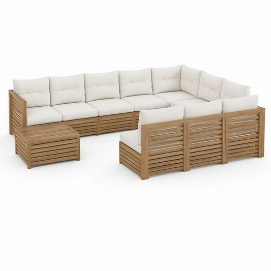 L-formet loungesæt i massivt akacietræ med beige hynder og bord, 280 x 280 cm