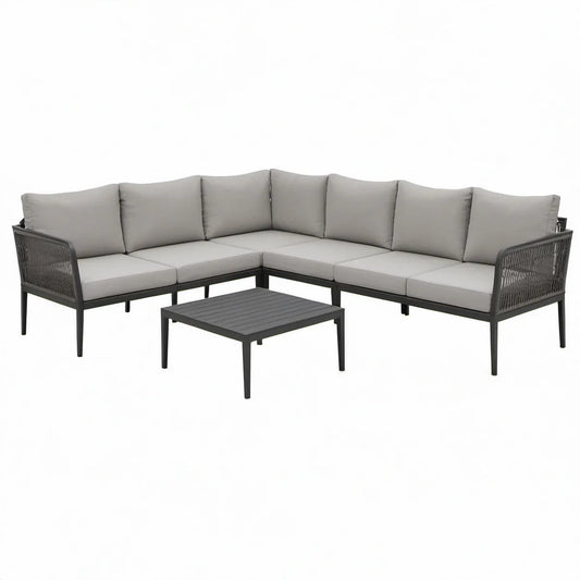 Hjørnesofasæt til haven med sofabord, 250 x 250 x 78 cm, sort/grå