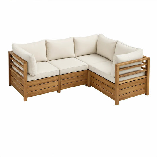 L-formet hjørnesofa i massivt akacietræ med creme hynder, natur, 200 x 200 x 78 cm