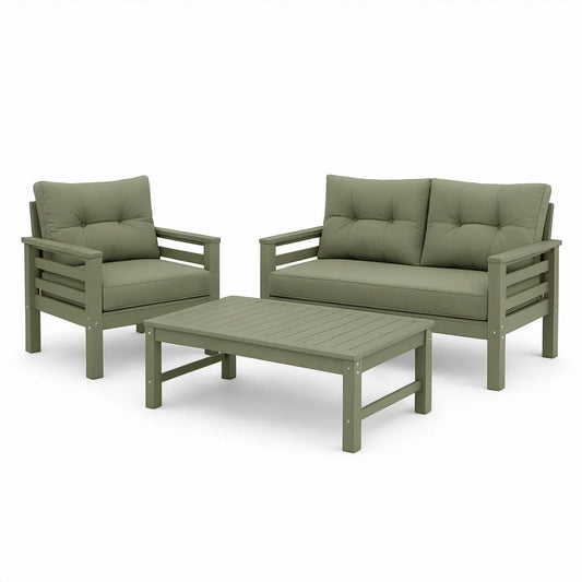 Olivengrønt haveloungesæt i massivt akacietræ med 2-personers sofa, lænestol og sofabord, sofa 124 x 69 x 78 cm