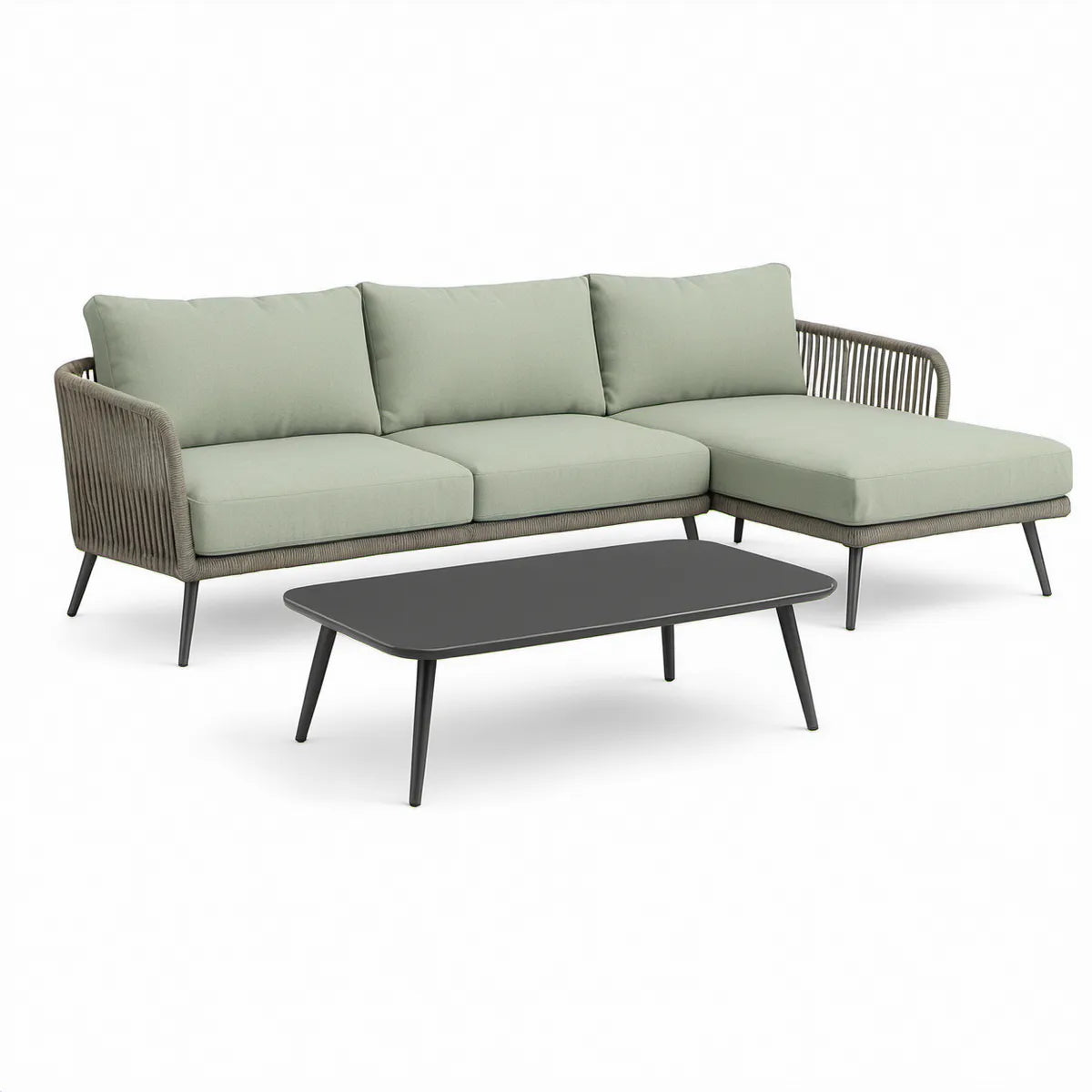 Havesofa med chaiselong og bord, 226 x 145 cm, lysegrøn/grå/sort